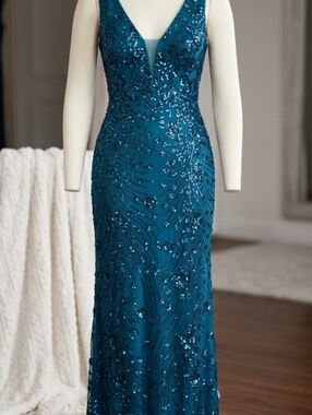 Deep Teal Beaded V-Neck Maxi Dress